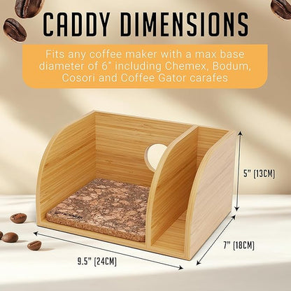HEXNUB – Caddy and Lid for Pour Over Coffee Maker, Bamboo Stand fits Chemex, Bodum, Cosori Coffee Carafes, Heatproof Mat, Filter Holder for Drip Coffee Maker - Cork Mat