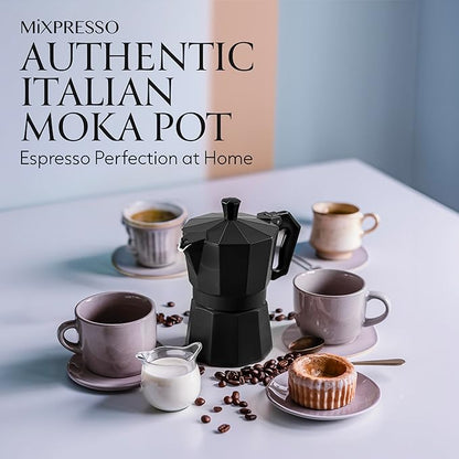 Mixpresso Black 3 Cup Moka Pot Cuban Coffee Maker, Moka Pot for Gas, Electric Stove Top, Classic Italian Coffee Maker, Stovetop Espresso Maker, Camping Pot Makes 3 Espresso Cup 5 Oz