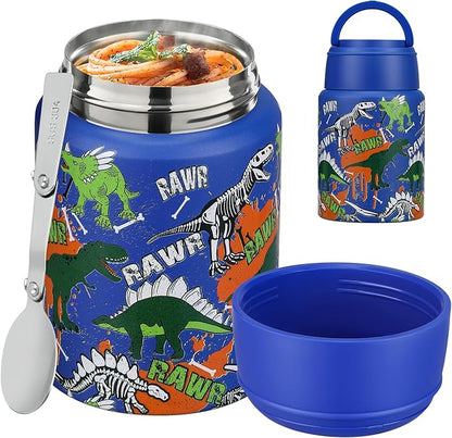 Soup Thermo for Hot Food Kids 16oz Insulated Food Jar Leakproof Thermo Lunch Container for Kids Wide-Mouth Stainless Steel Lunch Box for School with Handle Folding Spoon(3+)
