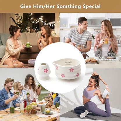 2pcs Matcha Bowl with Whisk Holder, Ceramic Cherry Blossom Matcha Bowl with Spout, 16.5OZ Porcelain Bowl with Measurement Marks,Tea Mixing Bowl with Whisk Stand, Matcha Gift (sakura)
