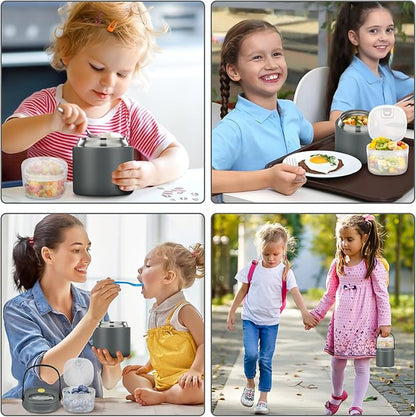 2-in-1 Insulated Food Jar & Snack Container - 15oz Kids Soup Thermos for Hot Food with Handle and Spoon, Leak Proof Reusable Toddler Snack Box, Perfect for School & Travel, Grey