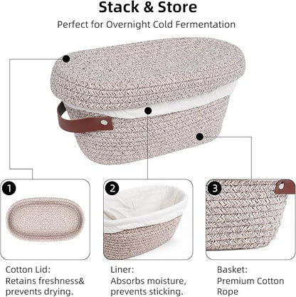 Stackable Cotton Banneton Proofing Basket Set– 2-Pack Bread Baskets (Round + Oval) With Cotton Lids, Sourdough Baking Kit for Home Bakers