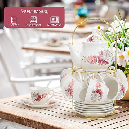 20-Pieces Porcelain Bone china Tea Sets,Gold Rim Coffee Set with Golden Metal Rack,Tea Gift Sets for Home&Party(003)