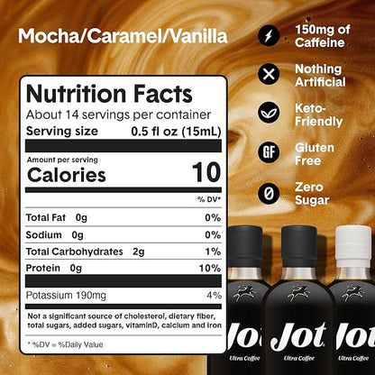 Jot Coffee Concentrate Trio (Caramel/Mocha/Vanilla 3pk) – High Caffeine Cold Brew, Iced & Hot Coffee, Instant Espresso – Makes 14 Cups Concentrated Coffees