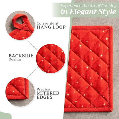 Maison d' Hermine 100% Cotton Oven Mitt & Pot Holder Set (7.5"x13" & 8"x8") Heat Resistant BBQ Cooking Gloves with Loop, Baking, Grilling, Kitchen, Handling Hot Pans (Noel)