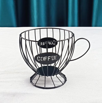 Coffee Pod Holder,Large K-Cup & Nespresso Capsule Organizer, Coffee Capsule Basket, Metal Coffee Bar Organizer for Kitchen Dinning Room Office Home Cafe Hotel (Black-Tea Cup )