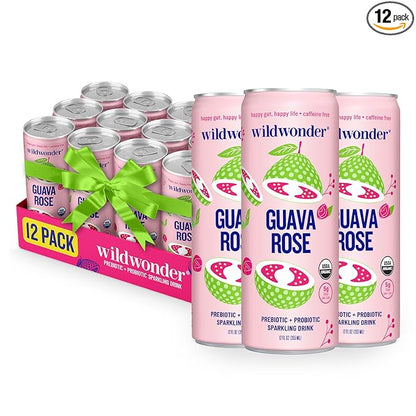 wildwonder Sparkling Probiotic Drink 12pk, For Gut Health & Immune Support, Guava Rose, 5g Prebiotic Fiber, Live Probiotics, Organic, Vegan, Low Sugar, 12 Pack, 12oz Can, As Seen on Shark Tank