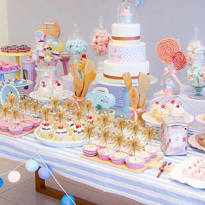 30 PCS Foil Firework Cupcake Toppers Happy Birthday Cake Toppers Star Sparkle Tinsel Flower Drink Stirrers Cocktail Fruit Toothpicks for Valentine's Day Baby Shower Birthday Party Supplies Gold