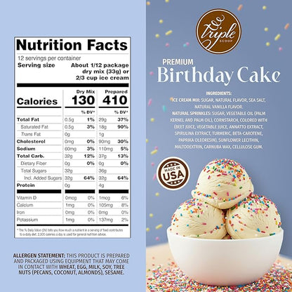 Triple Scoop - Premium Birthday Cake Ice Cream Mix For Ice Cream Maker. Simple, Easy, Delicious. From Gourmet Mix To Maker in 5 Minutes, Makes 2 Creamy Quarts, Made in USA (1 Pack, Birthday Cake)