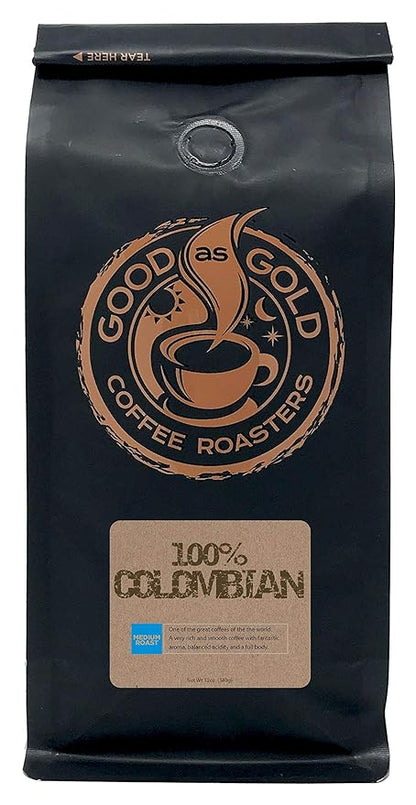 Colombian Supremo Coffee, Medium Roast, 12 Ounce Bag, Whole Bean - Good As Gold Coffee Roasters