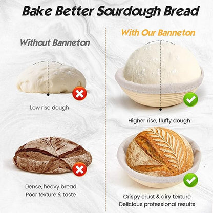 Banneton Bread Proofing Basket Set - Sourdough Starter Kit with 10" Round & 9" Oval Baskets, Linen Liners, Dough Whisk & Sourdough Bread Baking Supplies for Artisan Bread Making