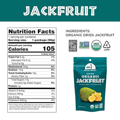Mavuno Harvest Jackfruit Dried Fruit Snacks | Unsweetened Organic Dried Jackfruit Chips | Gluten Free Healthy Snacks for Kids and Adults | Vegan, Non GMO, Direct Trade | 2 Ounce, Pack of 6