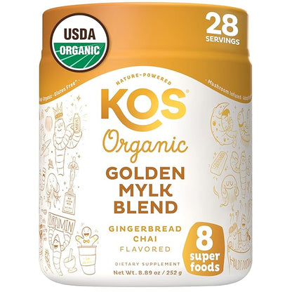 KOS Golden Mylk with Tumeric and Ginger, Organic Superfood Latte Powder, Adaptogen Mushroom Blend - Coffee Creamer, Dessert & Smoothie - Caffeine Free, Vegan, Dairy-Free, Gingerbread Chai, 28 Servings