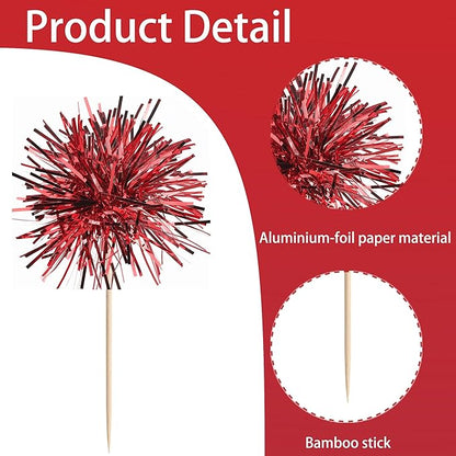 40 PCS Foil Firework Cupcake Toppers Sparkle Tinsel Cupcakae Picks Sparkler Fireworks Party Decorations Cocktail Fruit Toothpick for Birthday Wedding Graduation Party Decorations Supplies Red