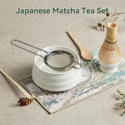 Japanese matcha set, matcha whisk and bowl, matcha sieve, matcha whisk holder, and matcha spoon - 8pcs Matcha Set (white)
