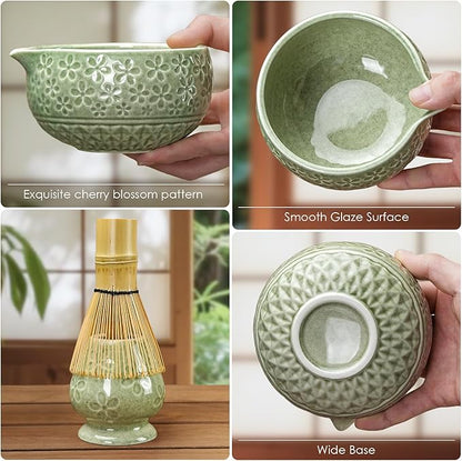 7Pcs Matcha Whisk Set, Ceramic Matcha Bowl with Spout,Bamboo Whisk and Holder, Bamboo Scoop,Scoop Rest,Sifter and Tea Towel,Matcha Kit w/Cherry Blossom Carved Pattern (Mottled Green)