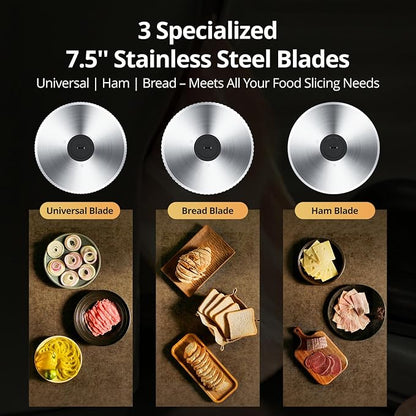 Powerful Deli Meat Slicer Machine, 200W Electric Food Slicer with 3 Types of 7.5" Stainless Steel Blades, Adjustable Thickness 0–15mm, for Meat, Cheese, Bread, Vegetables, Home Use
