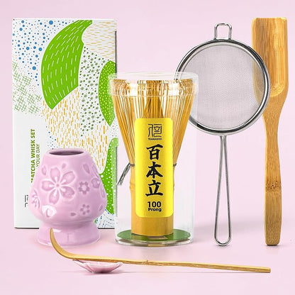 TEANAGOO Matcha Whisk Set,6-PCS Traditional Starter Set,100 Prongs Whisk with Purple Cherry Blossom Holder,Scoop(Chashaku),Bamboo Chasen,Tea Spoon,Ceremony Accessory