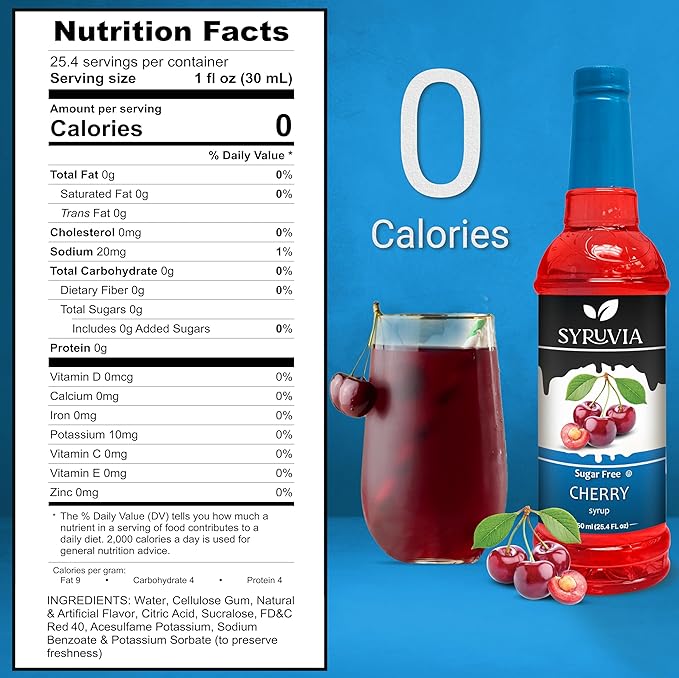 Syruvia Sugar-Free Cherry Syrup, Flavored Syrup for Drinks, Cocktails, Lemonades, Iced Teas, and Desserts – 25.4 fl oz