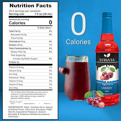 Syruvia Sugar-Free Cherry Syrup, Flavored Syrup for Drinks, Cocktails, Lemonades, Iced Teas, and Desserts – 25.4 fl oz, With Pump