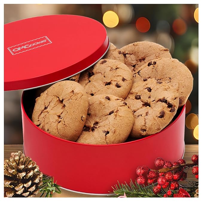 Christmas Gift Basket Chocolate Chip Cookie Gourmet Tin Fresh Bakery Treats | Individually Wrapped | Nut Free Soft Fudge Filled Large Cookie