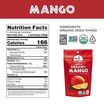 Mavuno Harvest Mango Dried Fruit Snacks | Unsweetened Organic Dried Mango Slices | Gluten Free Healthy Snacks for Kids and Adults | Vegan, Non GMO, Direct Trade | 2 Ounce, Pack of 6