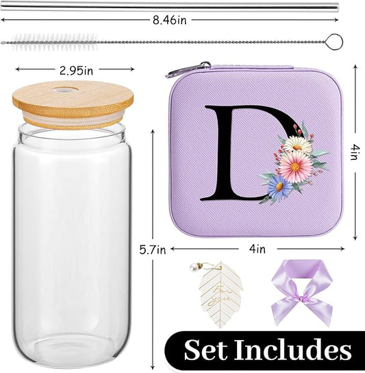 AYGXU Graduation Gifts for girls,teacher appreciation gifts for women,high school Graduation gifts for her,Small Jewelry Travel Case,16oz glass cups with lids and straws,Initial D purple