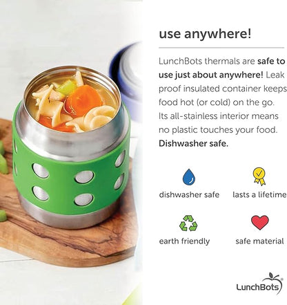 LunchBots Thermal 8 oz Triple Insulated Thermos - Hot 6 Hours or Cold 12 Hours - Leak Proof Thermos Soup Jar - All Stainless Interior - Navy Lid - Green Dots