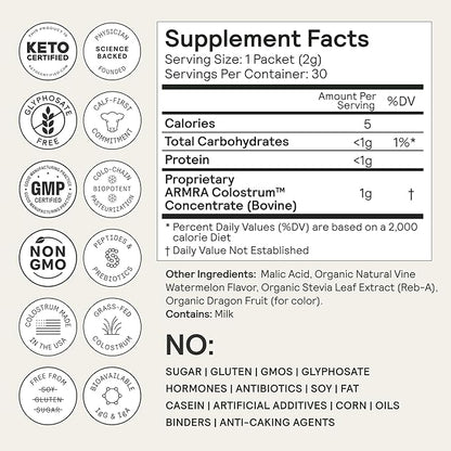 ARMRA Colostrum™ Powder | Vine Watermelon | Gut Health & Bloating | Skin & Hair | Immunity | Keto, Gluten & Fat-Free | 60 Servings