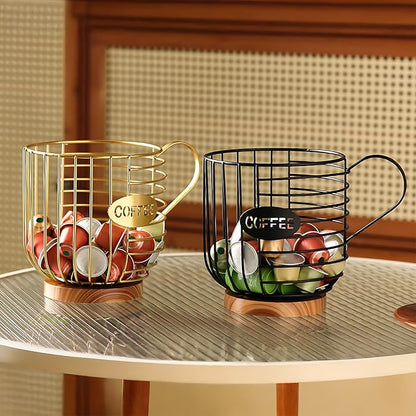 Coffee Pod Holder,Bar Accessories - Espresso Pod Holder - Large Capacity Black Wire Coffee Basket With Wooden Base
