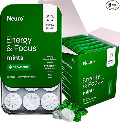Neuro Energy & Focus Mints, Extra Strength - Sugar Free Breath Mints with 100mg Natural Caffeine, B Vitamins & L-Theanine - Vegan Brain Supplement for Exercise, Study & Daily Focus - Spearmint, 72 ct