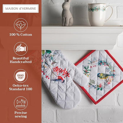 Maison d' Hermine 100% Cotton Oven Mitt & Pot Holder Set (7.5"x13" & 8"x8") Heat Resistant BBQ Cooking Gloves with Loop, Baking, Grilling, Kitchen, Handling Hot Pans (Morzine)