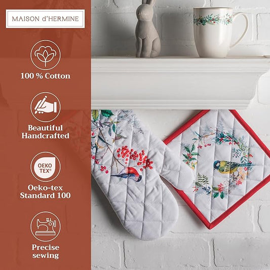 Maison d' Hermine 100% Cotton Oven Mitt & Pot Holder Set (7.5"x13" & 8"x8") Heat Resistant BBQ Cooking Gloves with Loop, Baking, Grilling, Kitchen, Handling Hot Pans (Morzine)