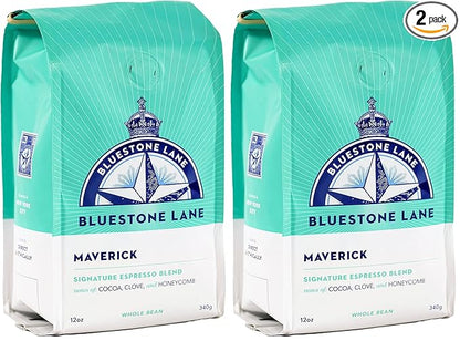 Bluestone Lane Coffee Beans, Maverick Espresso, Medium Roast, Whole Bean, 12 Ounce Bag (Pack of 2)