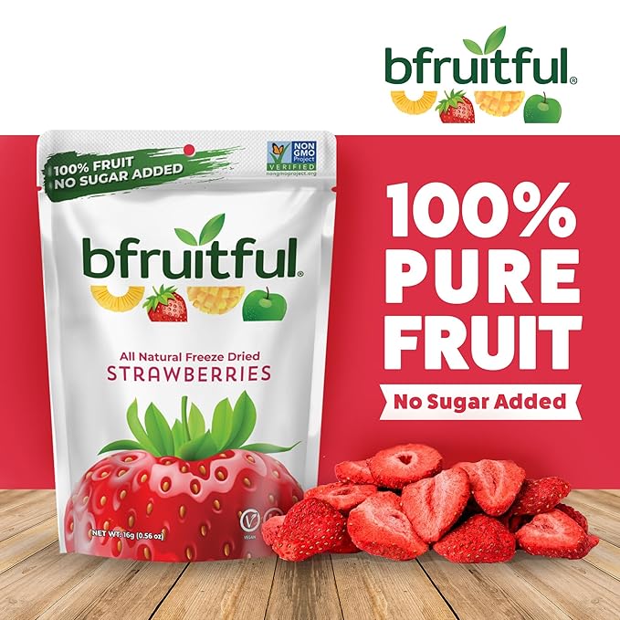 bfruitful Freeze-Dried Strawberries, Freeze Dried Fresh Fruit Bites, Gluten Free, Vegan, Dairy Free, Kosher, No Sugar Added, Non GMO, Healthy Snacks for Kids or Adults, 0.56 oz Single-Serve Snack Packets, 24 Pack