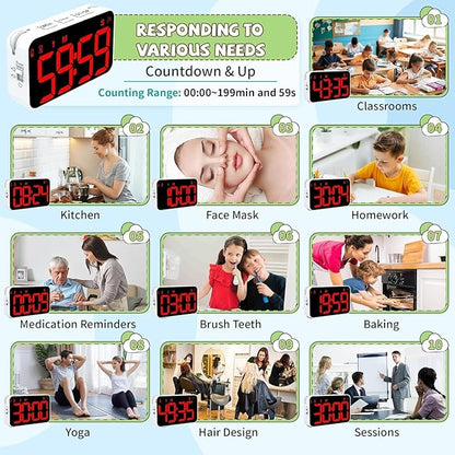 Digital Timer for Kids, 199min 59s Countdown/Up, Rechargeable, Magnetic, 3 Brightness Display, 3 Volume Levels and Vibration, with Sound Alert Function, for Kitchen, Classroom, Study, Fitness