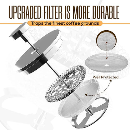 Utopia Kitchen Stainless Steel French Press Coffee Maker 34 Oz (1 Litre) with 2 Extra Filters, French Press Coffee & Tea Maker for Kitchen & Camping, Cold Brew Cafetiere, Silver