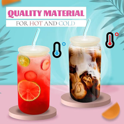 Joyclub 8pcs Glass Cups with Acrylic Lids and Straws 16 oz Can Shaped Glass Iced Coffee Cups with Lids and Straws, Cute Tumbler Cup Drinking Glasses for Smoothie Whiskey Boba Soda Tea Gift