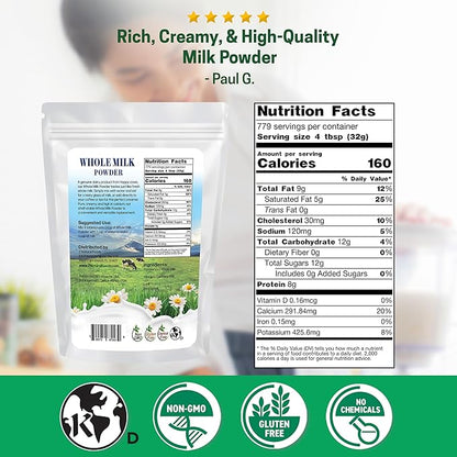 Z Natural Foods Premium Whole Milk Powder - Powdered Milk for Baking, Cooking, Drinks - Dry Milk Powder, Pasteurized, Non-GMO, Gluten-Free, Kosher-Certified, 55 lbs