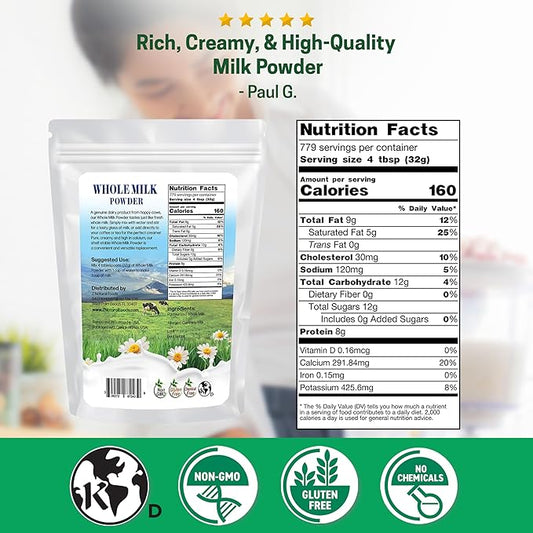 Z Natural Foods Premium Whole Milk Powder - Powdered Milk for Baking, Cooking, Drinks - Dry Milk Powder, Pasteurized, Non-GMO, Gluten-Free, Kosher-Certified, 55 lbs