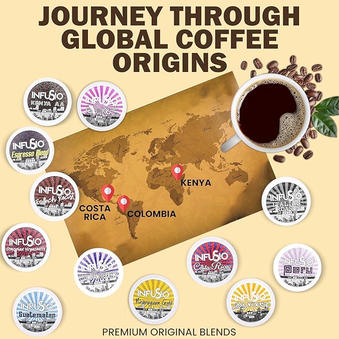 InfuSio Coffee Pods 96 Count Kenya AA Medium Dark Roast Single serve Coffee pods for Keurig K Cup® Brewers - InfuSio Premium Roasted Keurig 2.0 Compatible