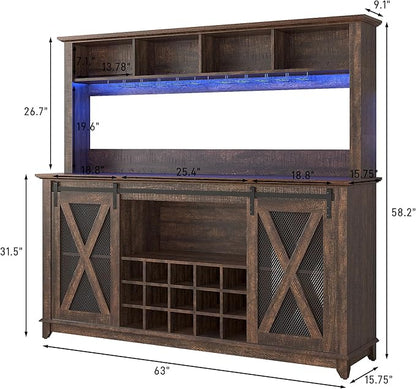 63"W Farmhouse Coffee Bar Cabinet with LED Light,Wine Bar Cabinet w/ 4 Tier Storage Hutch,Kitchen Buffet Cabinet w/Sliding Barn Door & 15 Wine and Glass Racks for Kitchen Dining Room(Brown)
