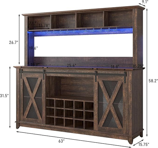 63"W Farmhouse Coffee Bar Cabinet with LED Light,Wine Bar Cabinet w/ 4 Tier Storage Hutch,Kitchen Buffet Cabinet w/Sliding Barn Door & 15 Wine and Glass Racks for Kitchen Dining Room(Brown)