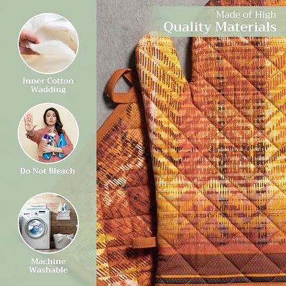 Maison d' Hermine 100% Cotton Oven Mitt & Pot Holder Set (7.5"x13" & 8"x8") Heat Resistant BBQ Cooking Gloves with Loop, Baking, Grilling, Kitchen, Handling Hot Pans (Thanksgiving Tartan)