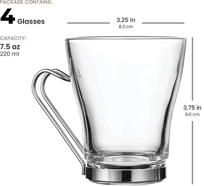 Bormioli Rocco OSLO Glass Coffee Mug - 7 ½ Ounce Espresso Cups (4 Pack) with Metal Handle Perfect Tea Glasses for hot and cold beverages, Thermal Shock Resistant, Tempered Glass, for Latte, Cappuccino