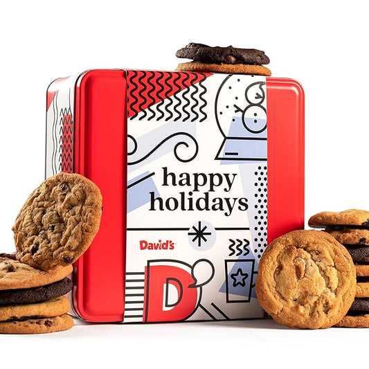 David’s Cookies Happy Holidays Assorted Cookies Gift Tin – 2lbs Soft and Gourmet Christmas Cookies Tin – Freshly Baked Holiday Cookies Gift Basket - All Natural and Handmade Christmas Cookies