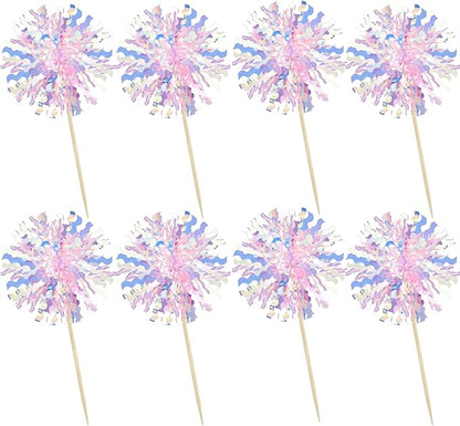 Ephlyn 30Pcs Foil Firework Cupcake Toppers Firework Cake Toppers Tinsel Flower Drink Stirrers Cocktail Food Fruit Toothpicks for Valentine's Day Party Decorations Pink