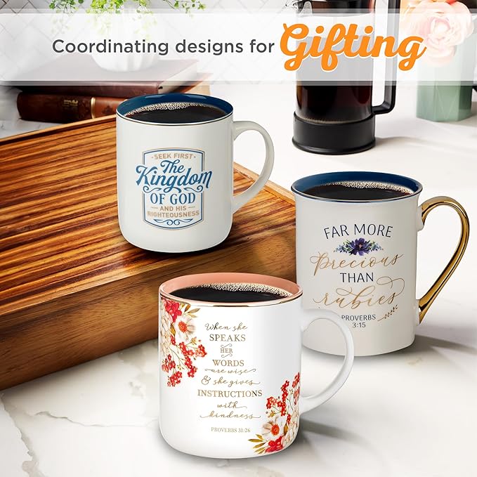 Christian Art Gifts Floral Ceramic Coffee Mug with Gold Rim – 14 oz. Lead & Cadmium-free, Non-toxic Inspirational Scripture Coffee & Tea Mug for Women with Bible Verse: When She Speaks –Proverbs 31:26