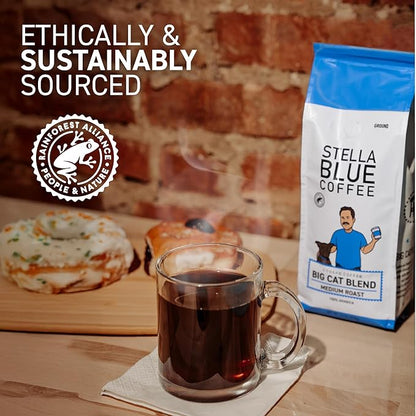 Stella Blue Ground Coffee, Big Cat Blend, Medium Roast, Caramel, Hazelnut and Fruity Notes, 100% Arabica, Ethically Sourced from Central and South America, 12 oz bag