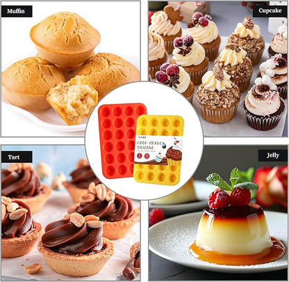 2PCS Silicone Mini Muffin Cupcake Pan, Non-Stick 24-Cavity Silicone Muffin Pans for Baking, Great for Making Muffin, Cakes, Tart, Bread, BPA Free, Dishwasher Safe (Red+Yellow)